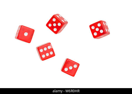 five falling red dices on white background Stock Photo