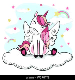 cute drawing happy smile unicorn in pink with angle wing sit on fluffy cloud rainbow and stars, animal cartoon child printable stuff idea Stock Vector