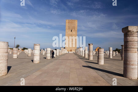 Pillars and an unfinished minaret (Hassan Tower) at the King Mohammed V mausoleum in Rabat, Morocco. Stock Photo