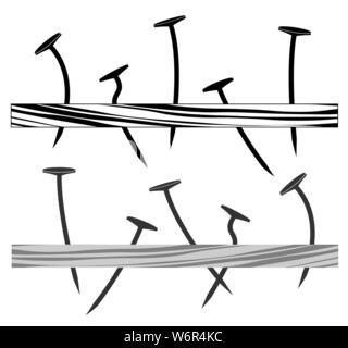 A few crooked nails hammered into the board. Side view, sharp ends peeking from below. Stock Vector
