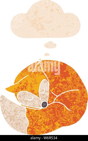 cartoon sleeping fox with thought bubble in grunge distressed retro textured style Stock Vector