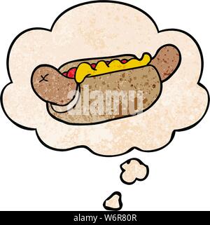 cartoon hot dog with thought bubble in grunge texture style Stock Vector