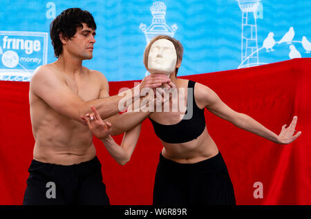 Edinburgh, Scotland, UK. 2nd Aug, 2019. On the opening day of the Edinburgh Festival Fringe Russian Alyona Ageeva Physical Theatre perform on a Royal Mile stage. Credit: Iain Masterton/Alamy Live News Stock Photo