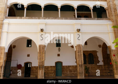 Interior of the Mahkama du Pacha, working courthouse, in Habous, in the neighbourhood of the city of Casablancain Morocco view of the Moorish architecture. Stock Photo