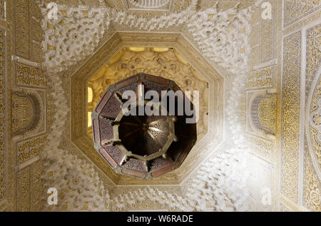 Interior of the Mahkama du Pacha, working courthouse, in Habous, in the neighbourhood of the city of Casablancain Morocco view of the Moorish architecture. Stock Photo