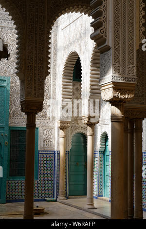 Interior of the Mahkama du Pacha, working courthouse, in Habous, in the neighbourhood of the city of Casablancain Morocco view of the Moorish architecture. Stock Photo