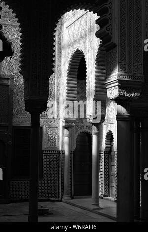 Interior of the Mahkama du Pacha, working courthouse, in Habous, in the neighbourhood of the city of Casablancain Morocco view of the Moorish architecture. Stock Photo