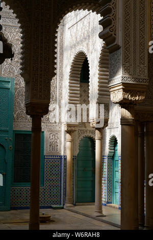 Interior of the Mahkama du Pacha, working courthouse, in Habous, in the neighbourhood of the city of Casablancain Morocco view of the Moorish architecture. Stock Photo