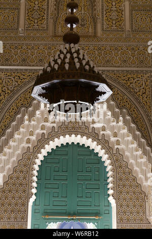 Interior of the Mahkama du Pacha, working courthouse, in Habous, in the neighbourhood of the city of Casablancain Morocco view of the Moorish architecture. Stock Photo