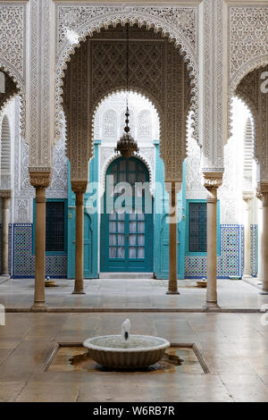 Interior of the Mahkama du Pacha, working courthouse, in Habous, in the neighbourhood of the city of Casablancain Morocco view of the Moorish architecture. Stock Photo