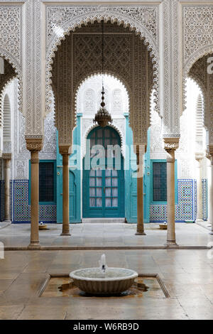 Interior of the Mahkama du Pacha, working courthouse, in Habous, in the neighbourhood of the city of Casablancain Morocco view of the Moorish architecture. Stock Photo