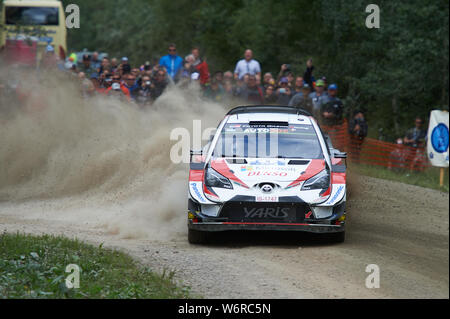 Jyväskylä, Finland, 2nd Aug, 2019. Ott Tänak (EST) with his co-driver Martin Järveoja (EST) in their Toyota Yaris WRC at SS5 Ässämäki. Credit: Markku Heikkilä/Alamy Live News Stock Photo