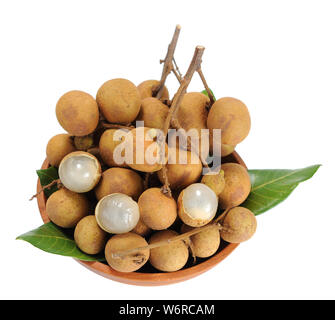 longan fruit in wooden bowl isolated on white Stock Photo