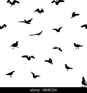 Set of different gull silhouettes. Flying, eating, going, taking off. Seamless pattern. Stock Vector