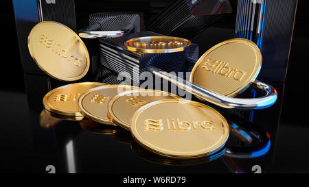 Golden crypto currency libra coins lie on dark background with digitial padlocks. Symbolizes the security of crypto currencies in the network. 3D rend Stock Photo