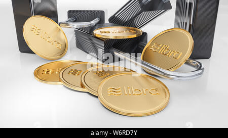 Golden crypto currency libra coins lie on white background with digitial padlocks. Symbolizes the security of crypto currencies in the network. 3D ren Stock Photo