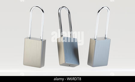 Illustration of simple silver steel padlocks levitating in the air on the white background. 3D render model. Stock Photo
