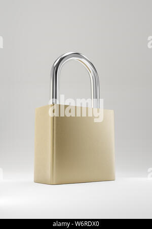 Illustration of simple titanium padlock standing on white background. 3D render model. Stock Photo