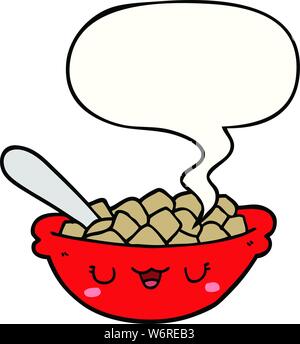 cute cartoon bowl of cereal with speech bubble in retro texture style ...