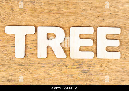 Word - tree, laid out in wooden letters on an old wooden board Stock Photo