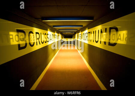 Player tunnel, access for players in Signal-Iduna-Park, Westfalenstadion, football stadium of BVB Borussia Dortmund, in black-yellow club colours, Stock Photo