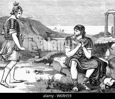 Gaius Marius (157 - 86 BCE), Roman general and statesman had scarcely had he reached exile in Carthage when Sextilius, the Roman governor, sent an officer to bid him leave the province.  'Sextilius forbids you to stay in this province,' said the officer. 'If you do, he declares he will put the decree of the Senate in execution, and treat you as an enemy to the Romans.'  At length the officer asked what answer he should take back to Sextilius. 'Go tell him,' answered he, 'that you have seen Gaius Marius sitting in exile among the ruins of Carthage.' Stock Photo