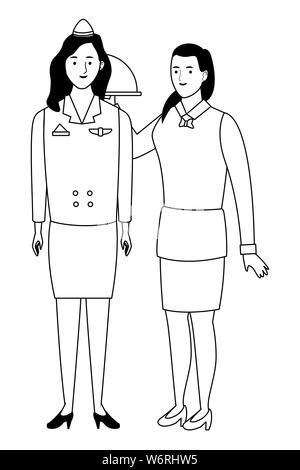 Professionals workers couple smiling cartoons in black and white Stock Vector