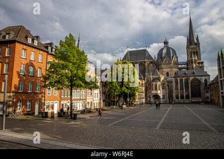 Aachen Cathedral, Aachen Cathedral or Aachen Marienkirche, north facade, view from the town hall over the Katschhof, Stock Photo
