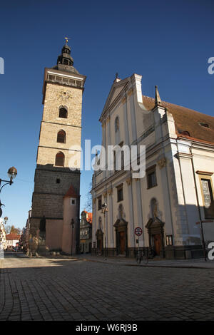 Black Tower and St. Nicholas Cathedral in Ceske Budejovice. Czech Republic Stock Photo