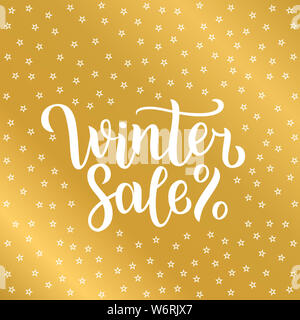 Winter sale lettering design.  illustration on gold background with white stars. Happy New Year and Merry Christmas Seasonal Sale. Holiday winter off- Stock Photo