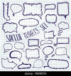 Set of hand-drawn speech bubbles on sketchbook background. Stock Vector