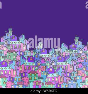 Hand-drawn background with colorful doodle houses. Cartoon hand drawn vector. Stock Vector