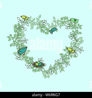 Hand drawn floral frames with leaves and birds Stock Vector