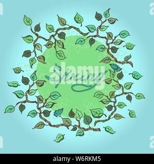 Colorfu spring frame with hand drawn branches, birds, leaves. Stock Vector