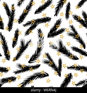 Hand drawn black xmas branches isolated on white background with golden stars. Seamless  pattern background illustration with abstract christmas new y Stock Photo
