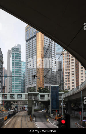 Street view of Causeway Bay from upper deck of double-decker tram Stock Photo