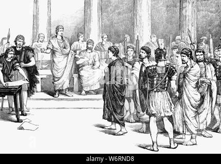 The Catilinarian conspirators before the Senate. they included  Lucius Sergius Catilina (108–62 BCE), Roman Senator of the 1st century BC who devised the plot with the help of a group of aristocrats and disaffected veterans, to overthrow the Roman Republic in 63 BC. Cicero exposed the plot, which forced Catiline to flee from Rome. The five conspirators were condemned to death  but fearing that other conspirators might try to free them, Cicero had them strangled in the Tullianum immediately and an end was made to the conspiracy in Rome. Stock Photo