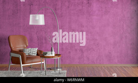 Interior of modern living room with fuchsia concrete wall and wooden flooring. Copy space on the wall. Brown leather armchair, floor lamp, coffee tabl Stock Photo