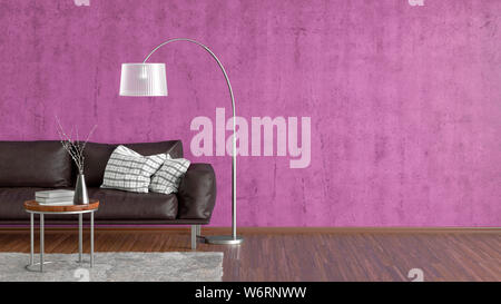 Interior of modern living room with fuchsia concrete wall and wooden flooring. Copy space on the wall. Brown leather couch, floor lamp, coffee table w Stock Photo