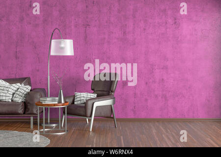 Interior of modern living room with fuchsia concrete wall and wooden flooring. Brown leather couch and armchair, floor lamp, coffee table with vase an Stock Photo