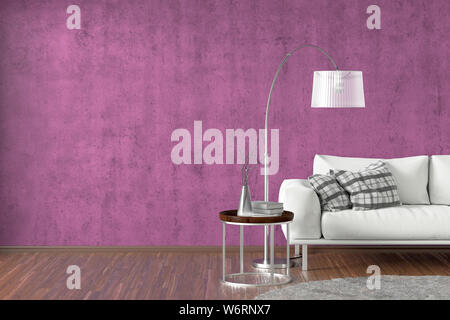 Interior of modern living room with fuchsia concrete wall and wooden flooring. Copy space on the wall. White leather couch, floor lamp, coffee table w Stock Photo