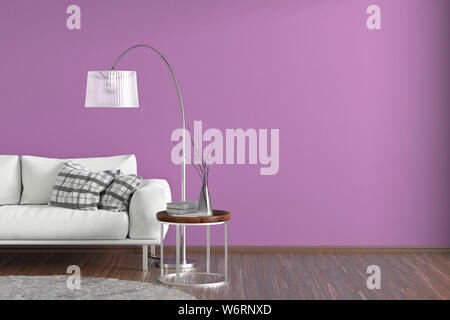 Interior of modern living room with fuchsia wall and wooden flooring. Copy space on the wall. White leather couch, floor lamp, coffee table with vase Stock Photo