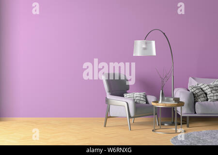 Interior of modern living room with fuchsia wall and wooden flooring. Copy space on the wall. Pink leather couch and armchair, floor lamp, coffee tabl Stock Photo