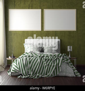 Two Horizontal Poster Frame Mockups Above The Bed On Red