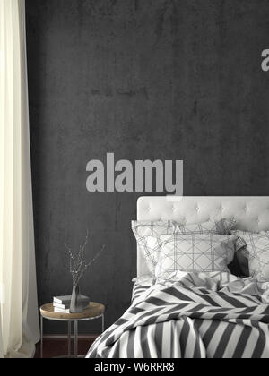 Blank black wall mock up in bedroom. 3d illustration Stock Photo