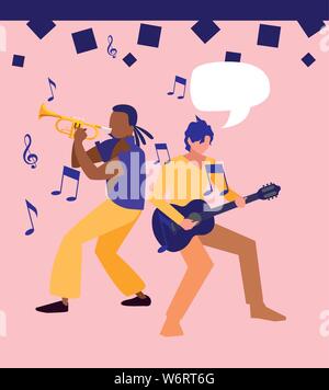 two male musicians playing musical instruments vector illustration Stock Vector