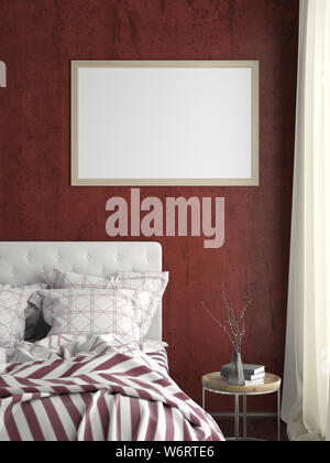 Horizontal poster frame mock up on red wall in bedroom. 3d illustration Stock Photo