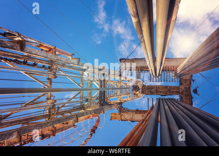 Onshore land rig in oil and gas industry. Oil drilling rig against a blue sky with clouds. Stock Photo