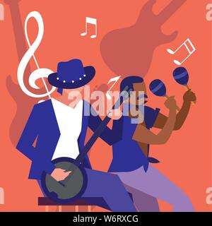 two male musicians playing musical instruments vector illustration Stock Vector