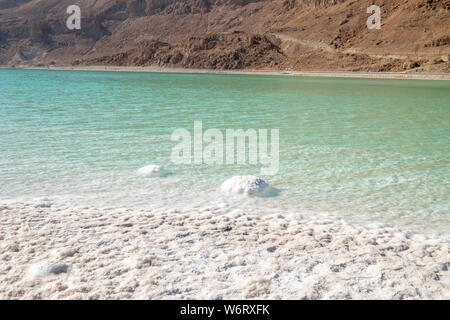 Salt crystallization caused by water evaporation, Dead Sea, Israel. Stock Photo